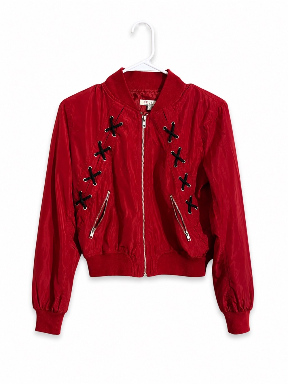 Nela Red Lace-Up Bomber Jacket